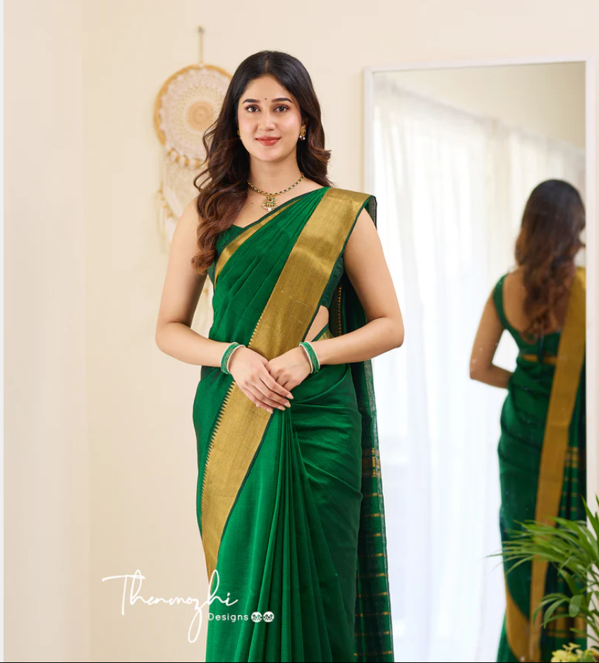 Elegant Green Silk Saree with Gold Border